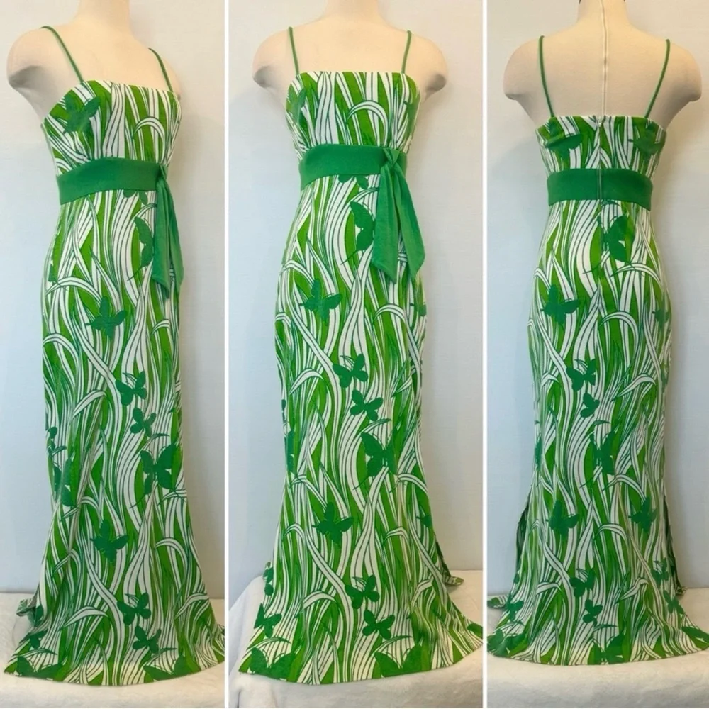 Miss Shaheen Vintage Hawaiian Butterfly Print Green Maxi Dress Column Gown 10 - Picture 10 of 12
